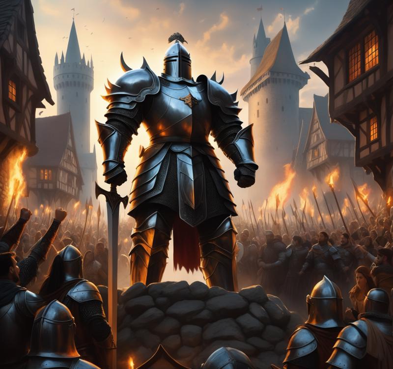 09950-3876669281-In a medieval setting, a colossal giant knight in weathered armor stands defensively amidst an enraged crowd. The knight towers.png